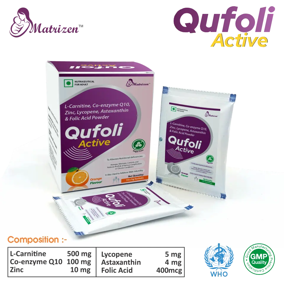 L-Carnitine 500mg + Co-enzyme Q10 100mg + Zinc 10mg + Lycopene 5mg + Astaxanthin 4mg + Folic Acid 400mcg Sachet in PCD Pharma Franchise at Best Price
